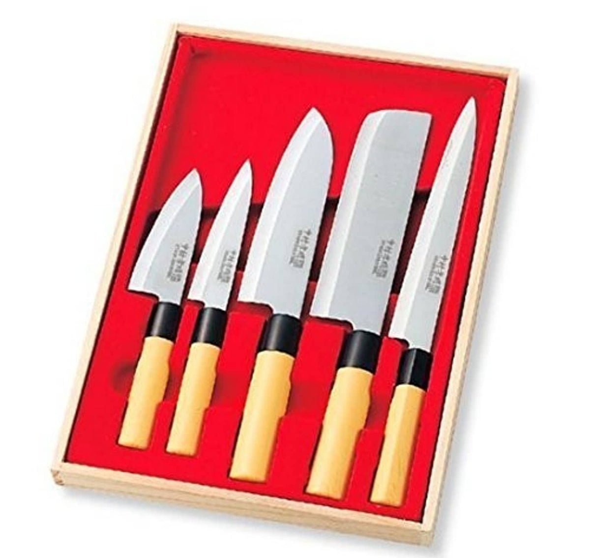 5-piece Japanese kitchen knife set in a wooden presentation box with red lining