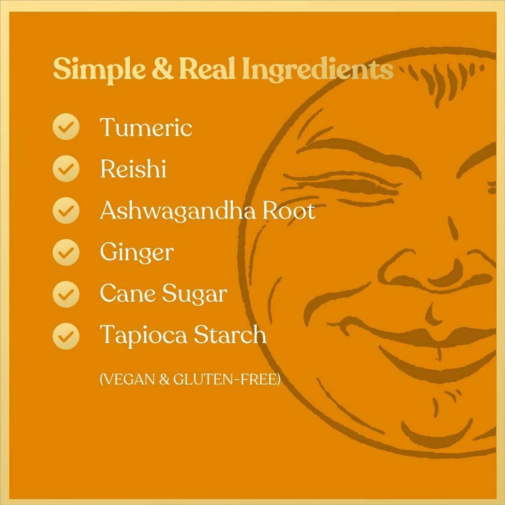 Card listing simple ingredients: turmeric, reishi, ashwagandha root, ginger, cane sugar