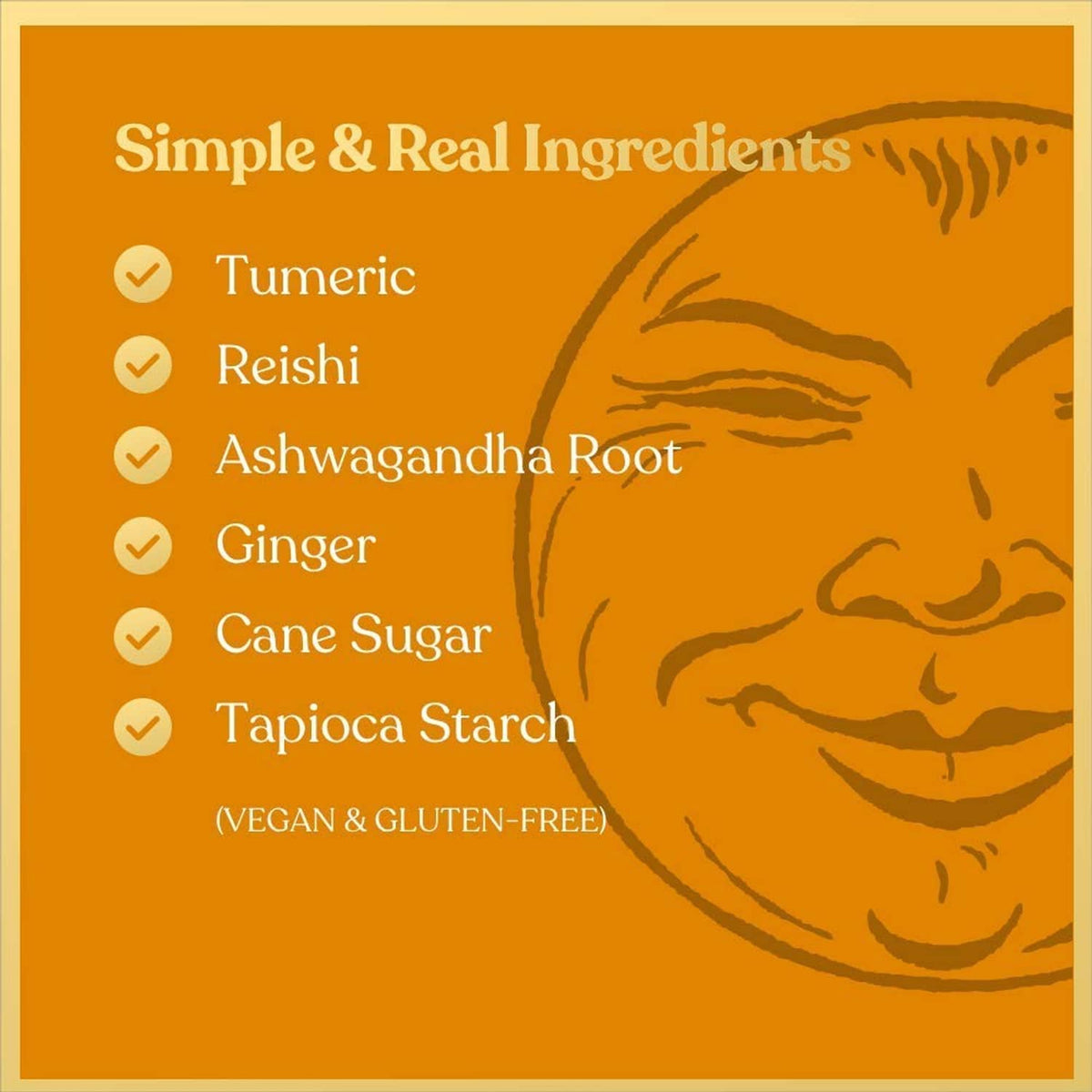 Card listing simple ingredients: turmeric, reishi, ashwagandha root, ginger, cane sugar