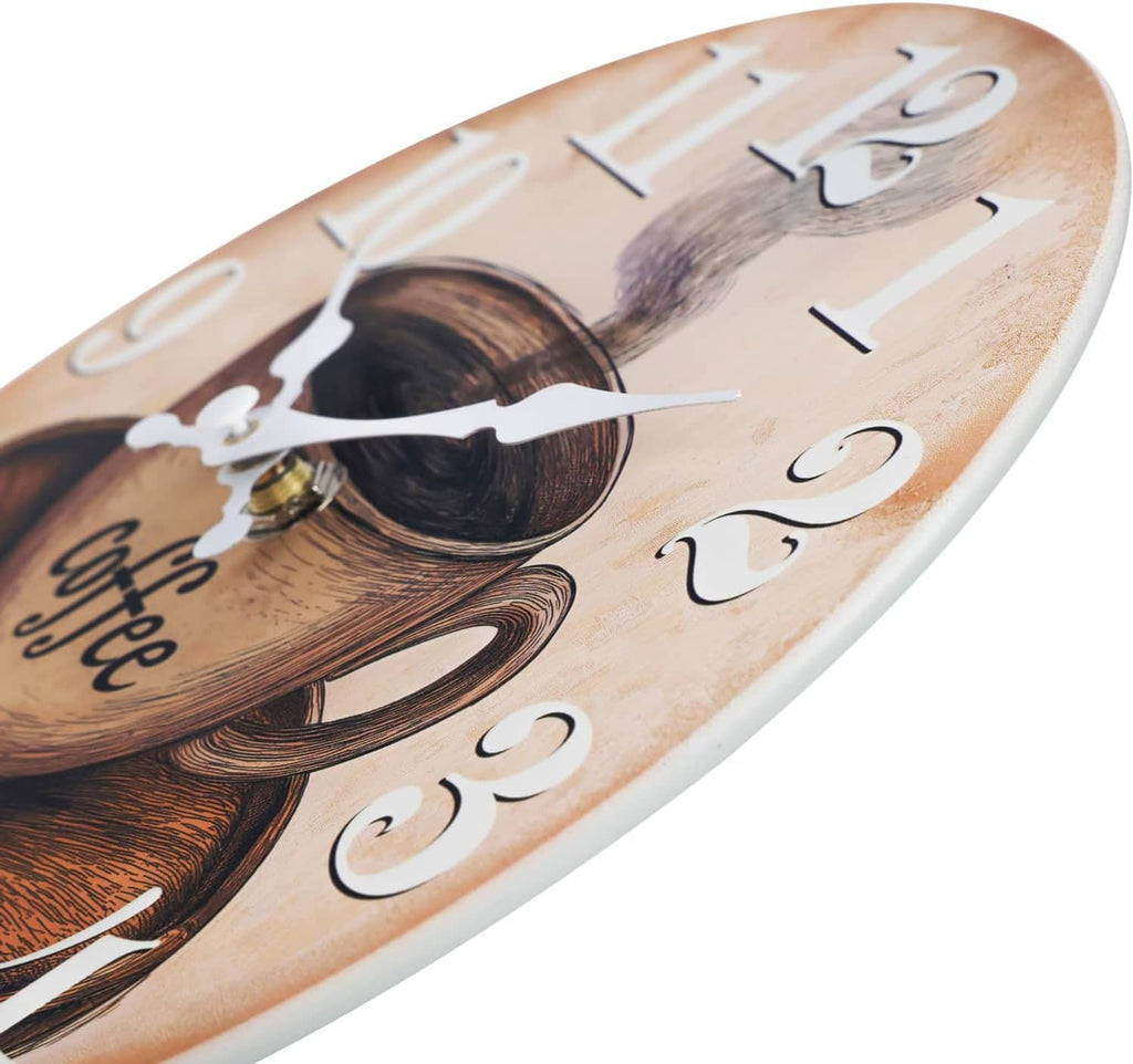 Side view of round rustic coffee wall clock with numbers and white clock hands