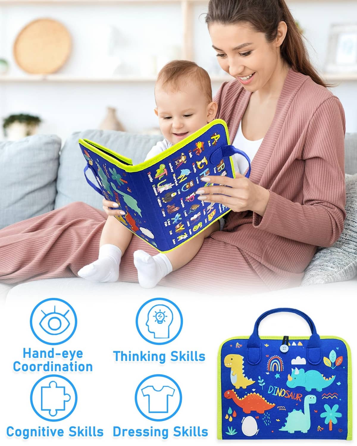 Blue dinosaur busy board in use, open fabric panels with numbers and button details
