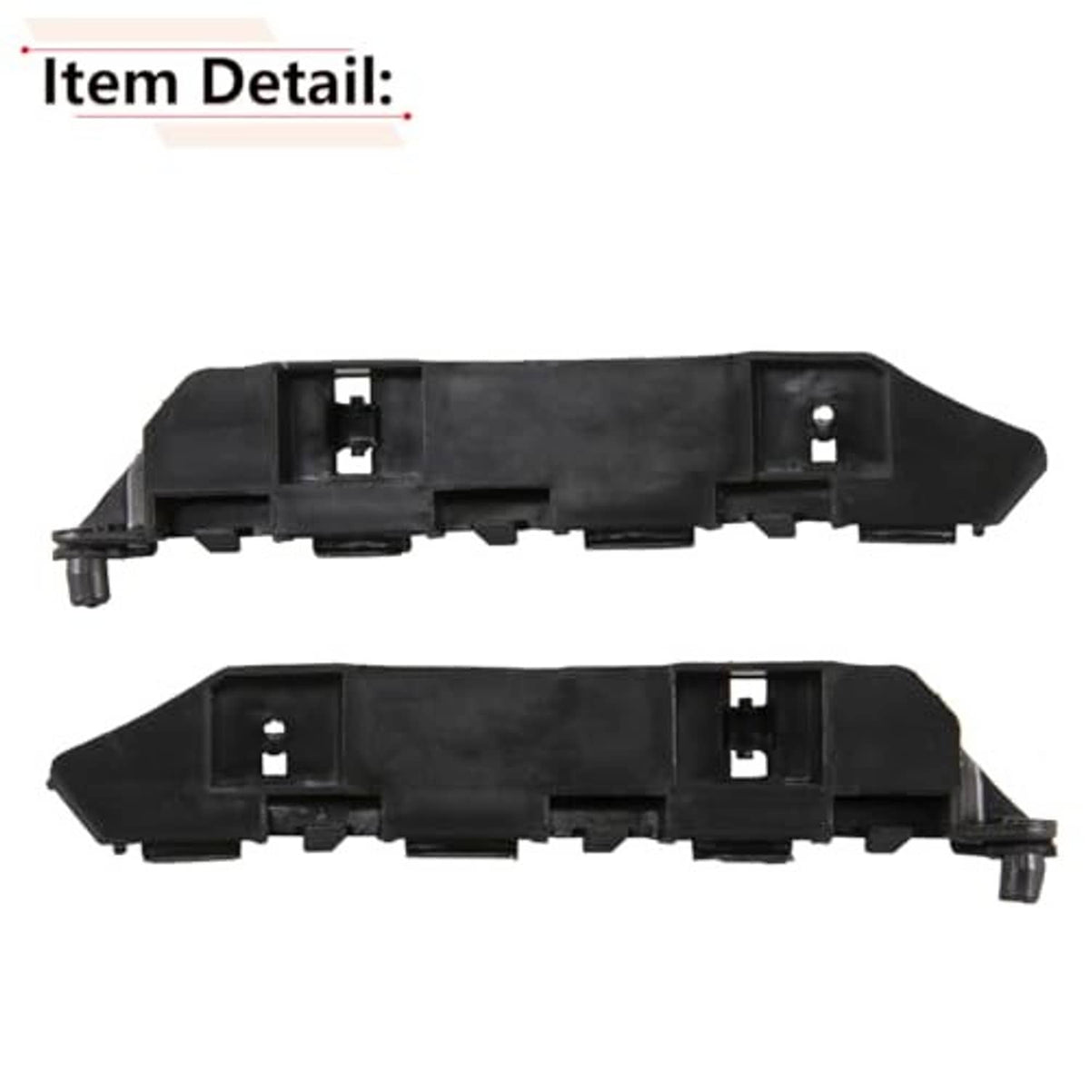 Black front bumper bracket with mounting holes and clips, pair