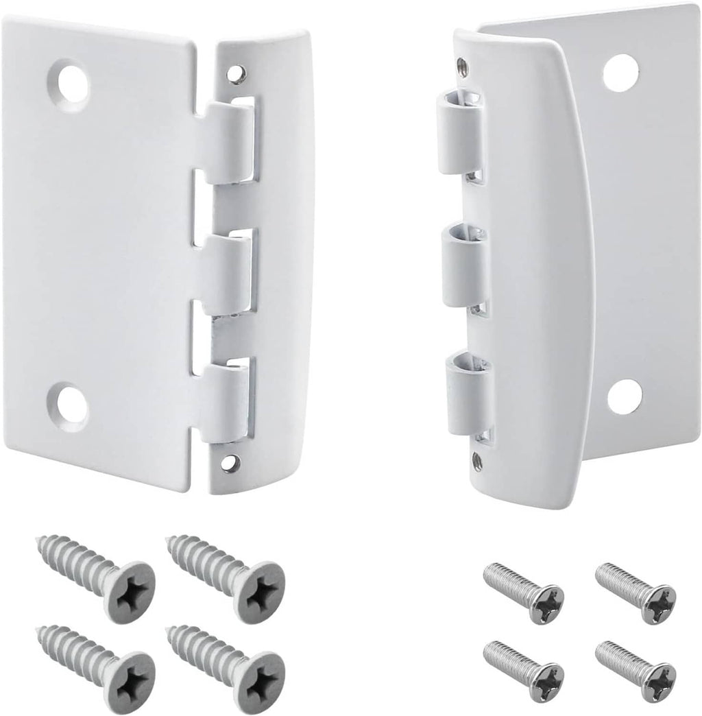 White flip action door lock hinge plate set with screws, reversible mount