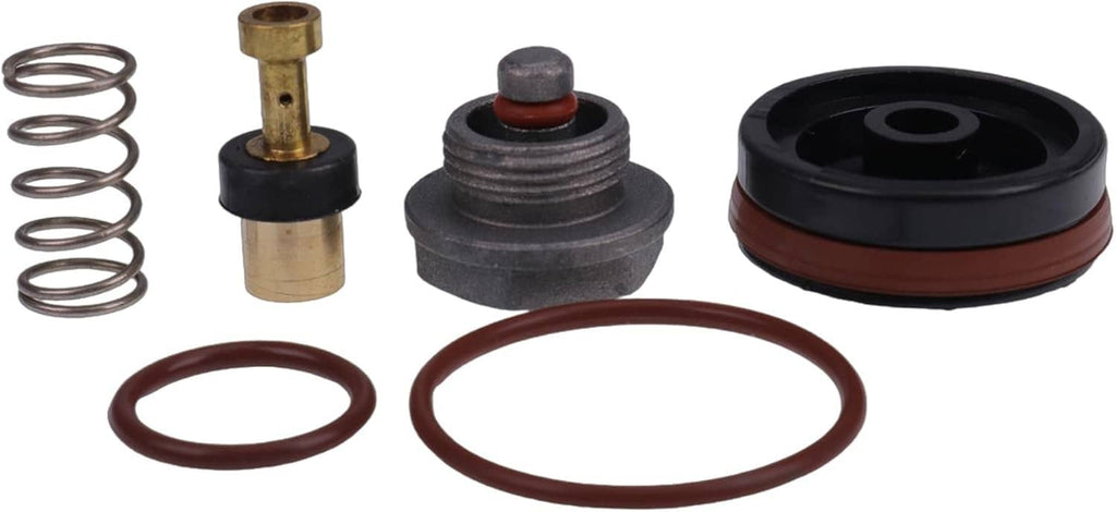 Regulator repair kit components: black diaphragm base, O-rings, brass valve stem, springs