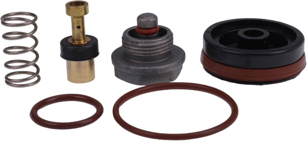Regulator repair kit components: black diaphragm base, O-rings, brass valve stem, springs