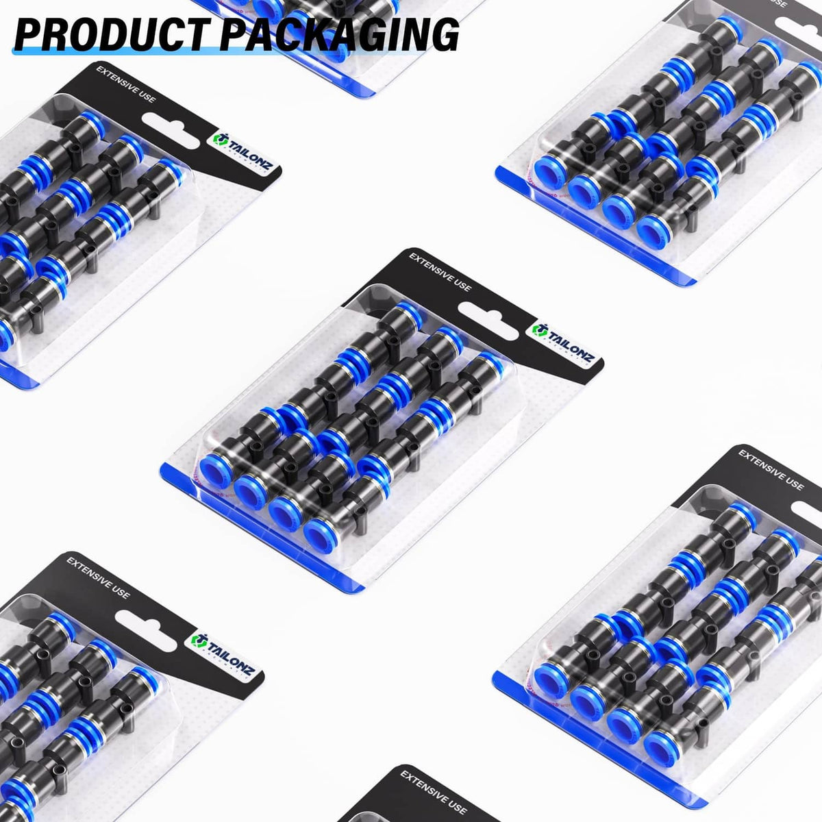 Blister pack of pneumatic straight reducer fittings with blue rings and dark metal bodies