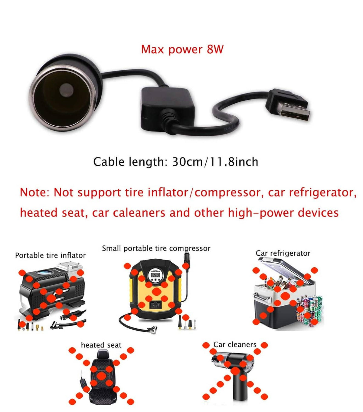 Black USB-A to 12V car lighter converter cable with cigarette socket and USB-A plug