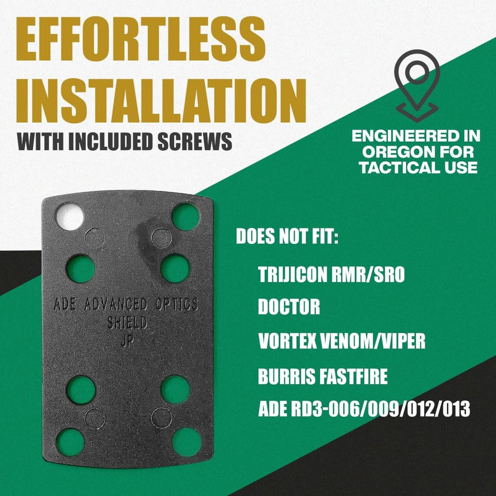 Dark gray optic shim plate with five holes and green inserts