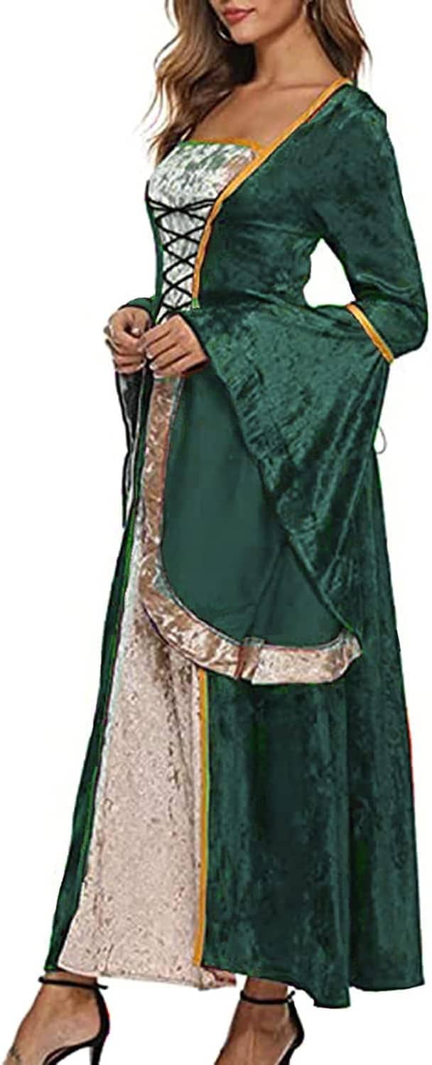 Women’s long medieval dress side view, deep green outer layer with cream lace-up bodice
