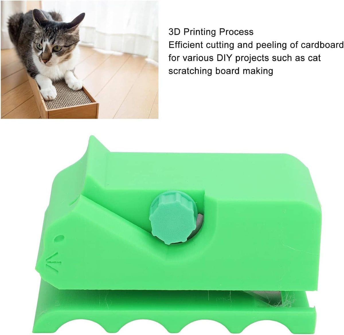 Green adjustable cardboard cutter tool with blade slot and serrated base