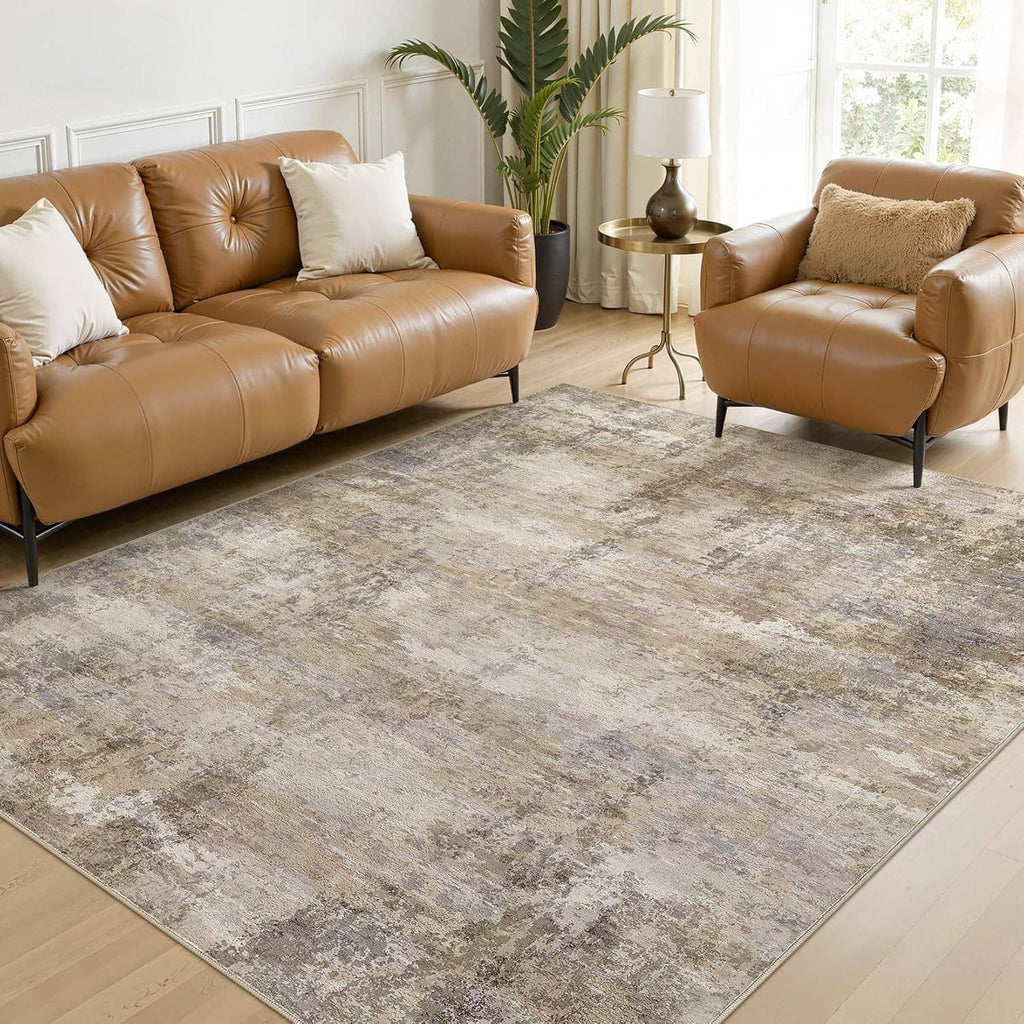 Indoor area rug with distressed gray-beige swirl pattern