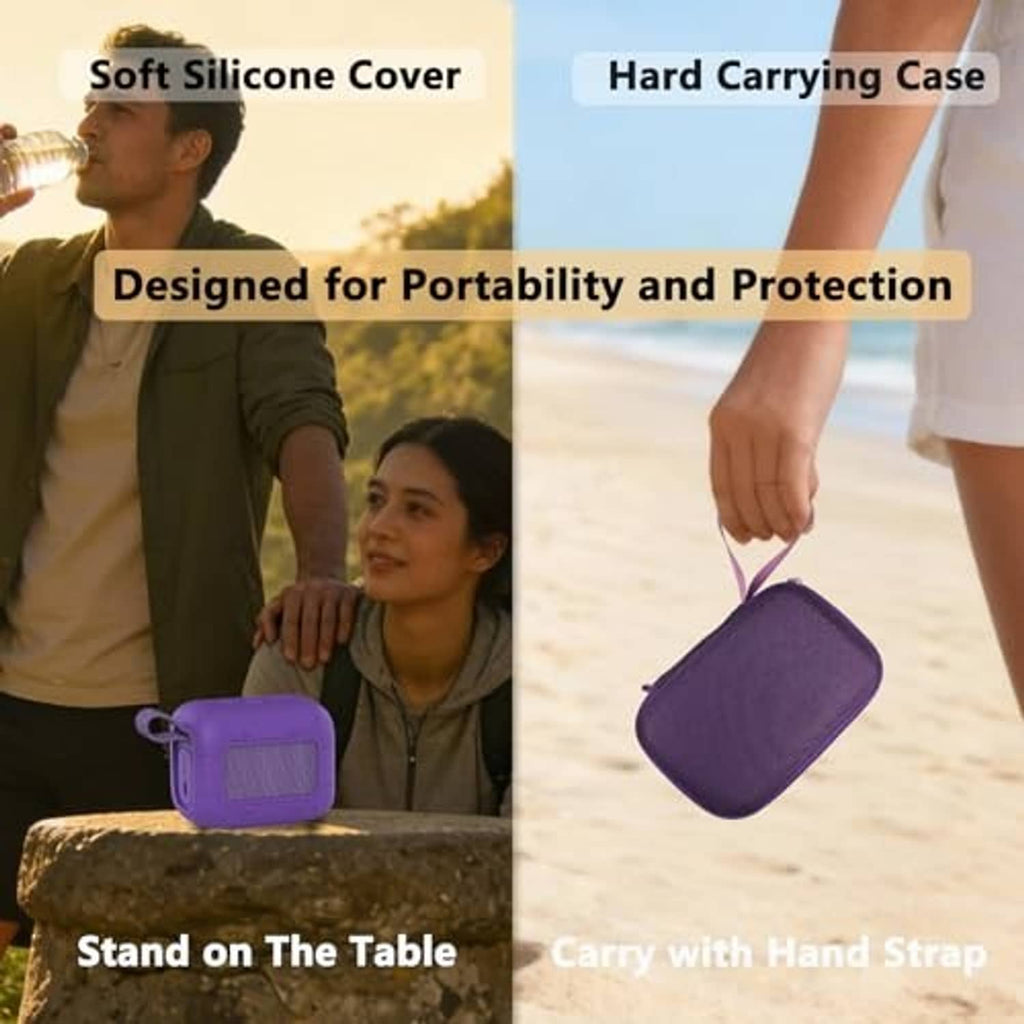 Purple speaker case with hand strap for portable carry and protection