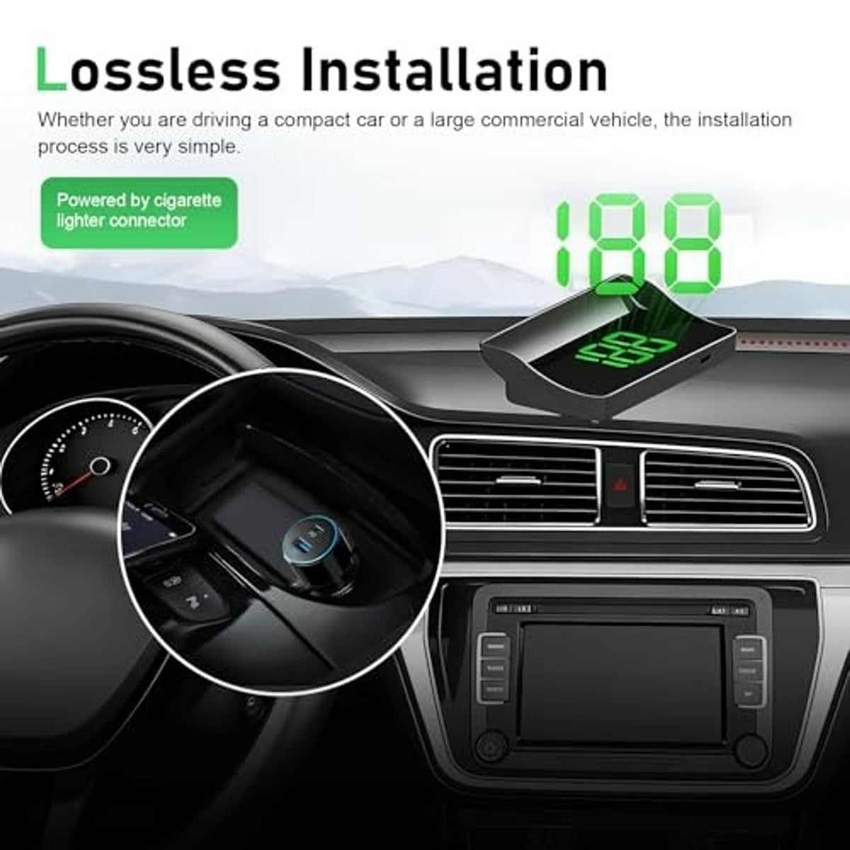 Car HUD speedometer projector installed on dashboard with green 188 reading