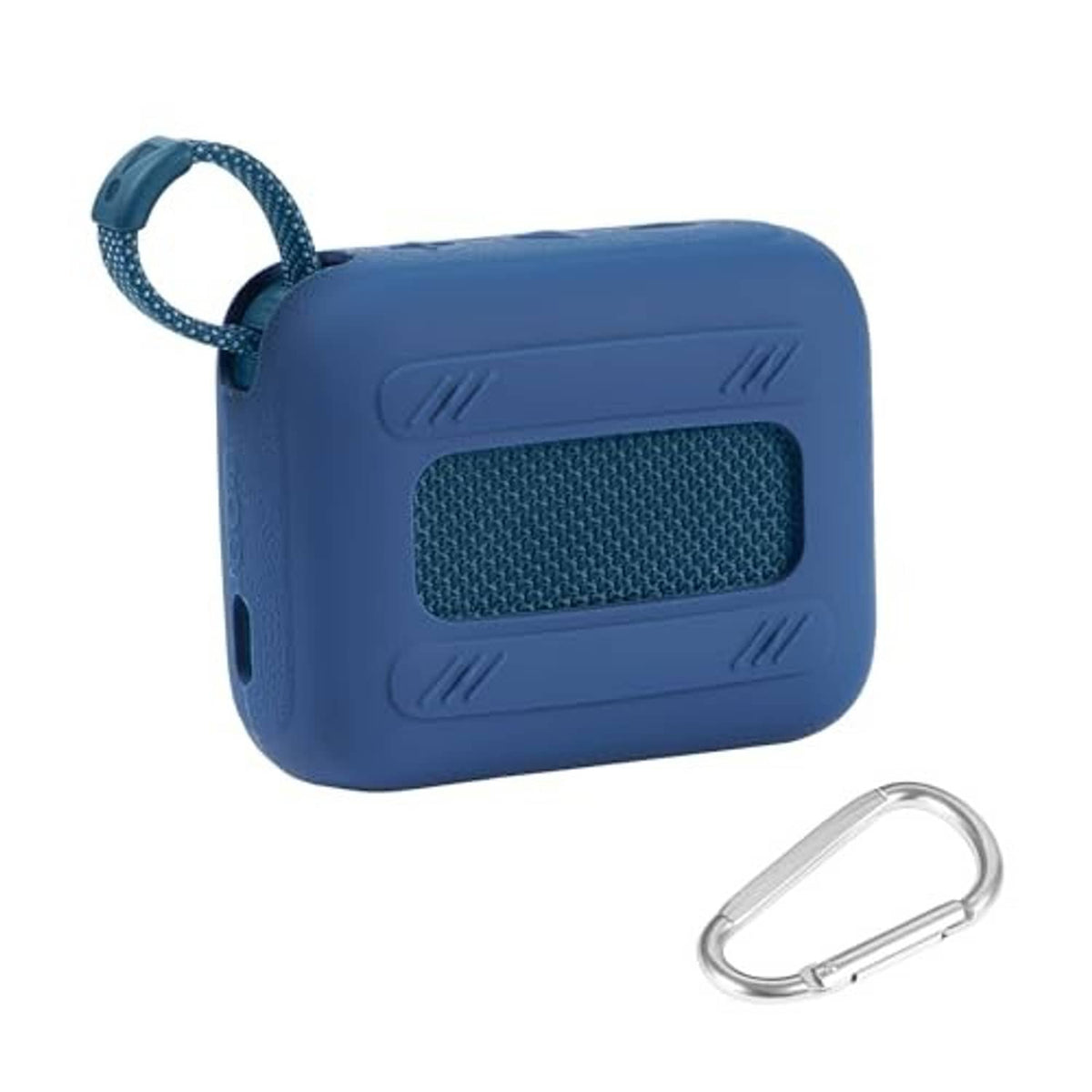 Blue silicone speaker case with textured back panel, carrying strap, and carabiner