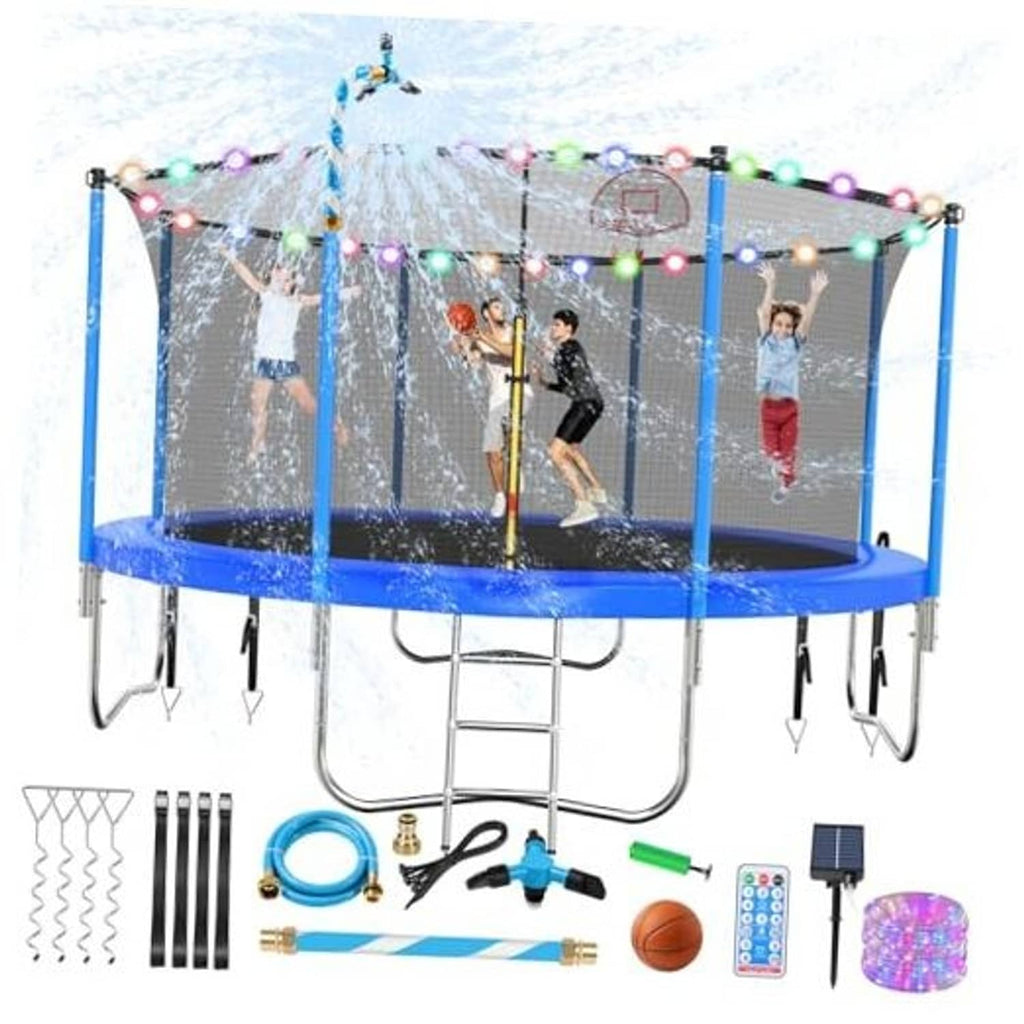 Blue outdoor trampoline with black safety enclosure net and multicolor string lights