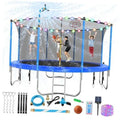 Blue outdoor trampoline with black safety enclosure net and multicolor string lights