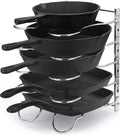 Black pan and pot rack organizer with wire shelves for cookware storage