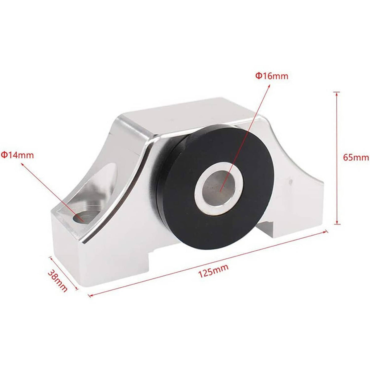 Silver engine motor mount with black rubber bushing and mounting plate, close-up