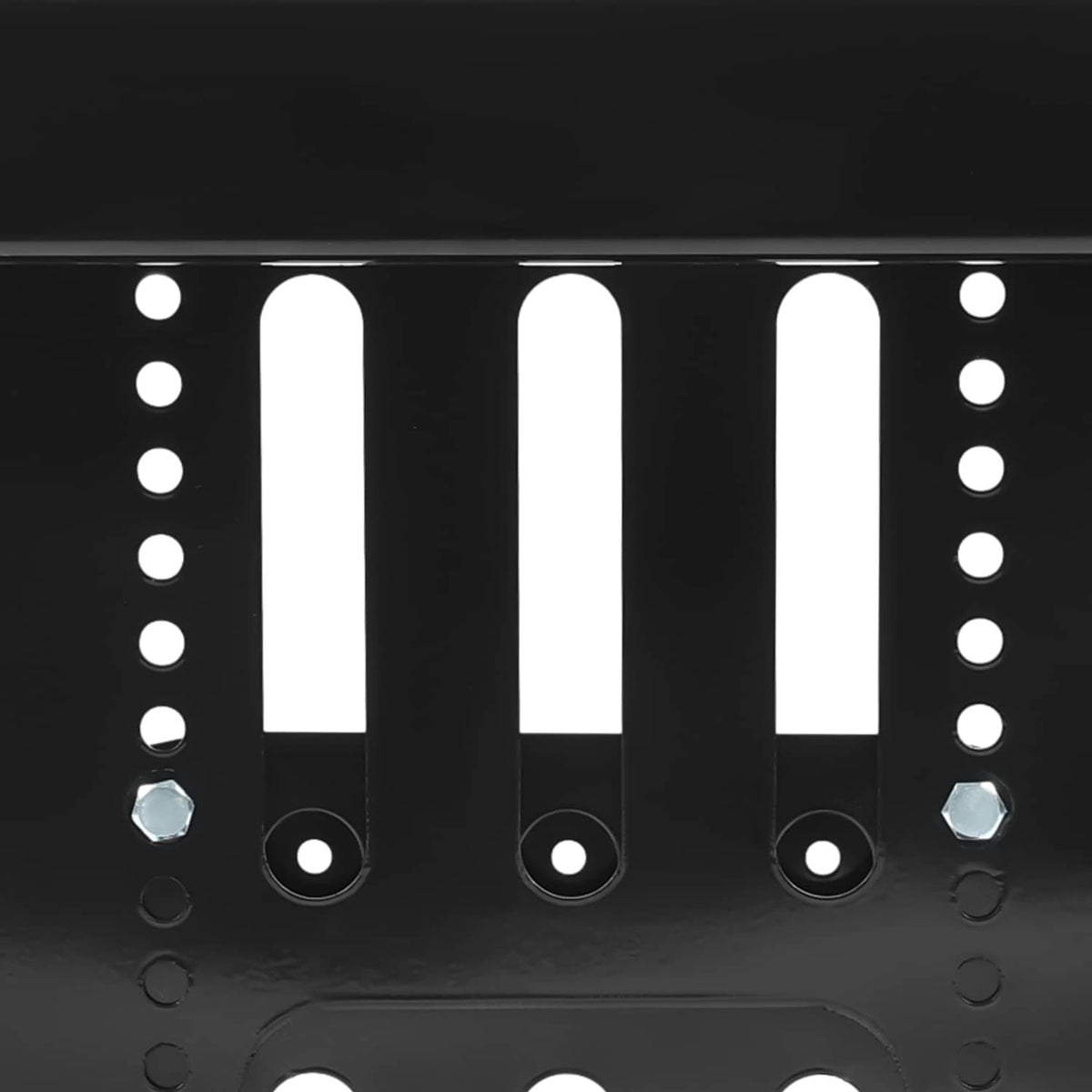 Black metal rack with three vertical mounting slots and evenly spaced holes