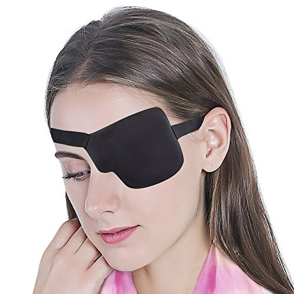 Black left eye 3D contoured patch on face, covering the eye