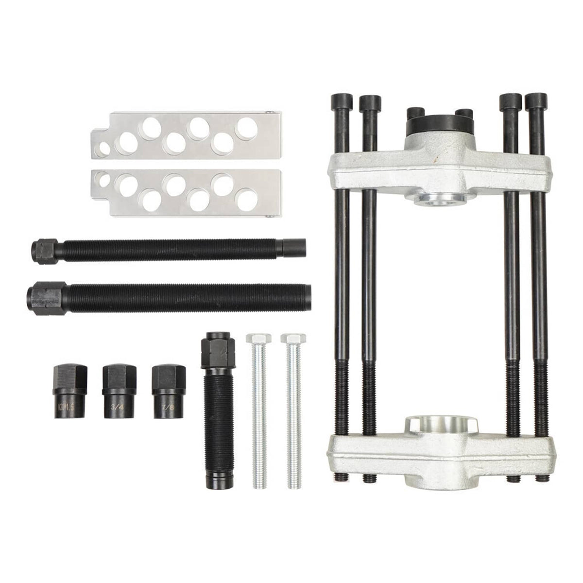 King pin press removal tool with threaded rods, pins, and spacer plates laid out