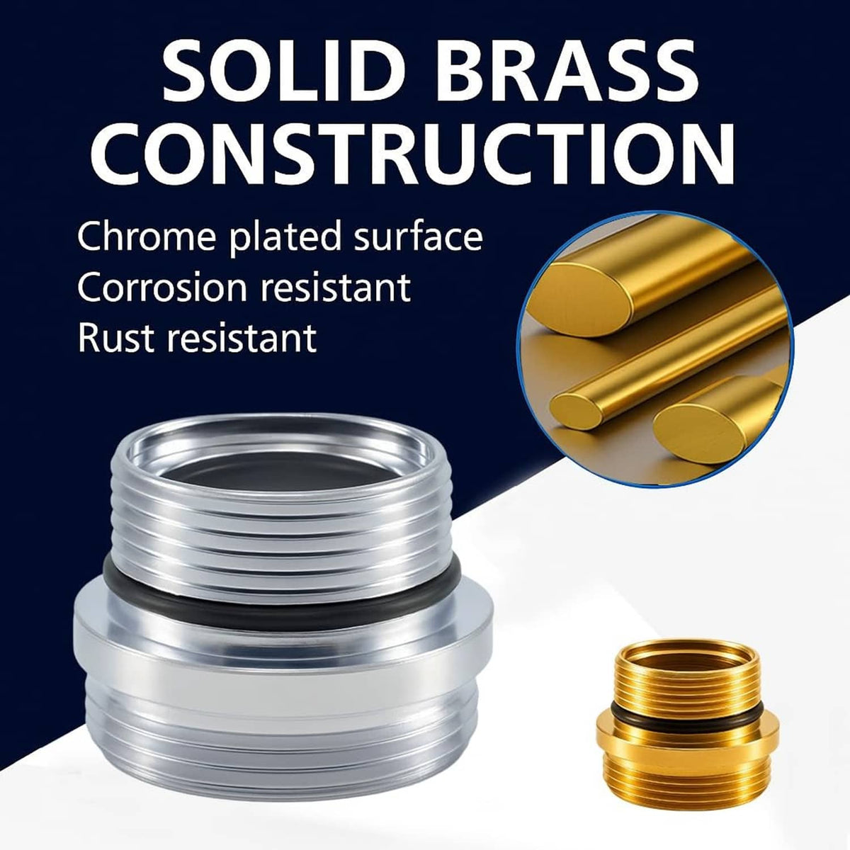 Chrome-plated faucet aerator adapter with solid brass construction, silver and gold
