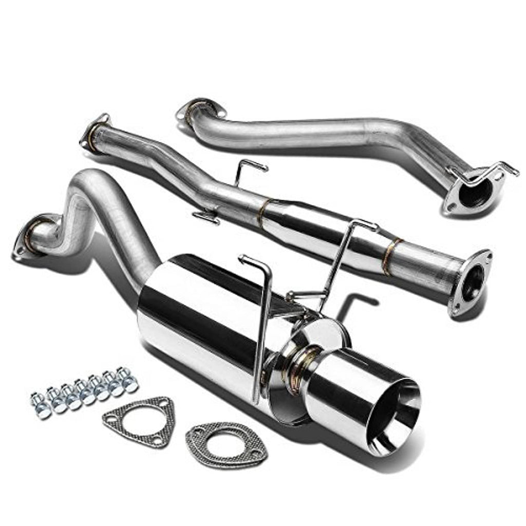 Stainless steel cat-back exhaust system with mufflers, gaskets, bolts, and mounting hardware