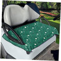 Green golf cart seat cover towel with white club pattern, laid over a beige seat