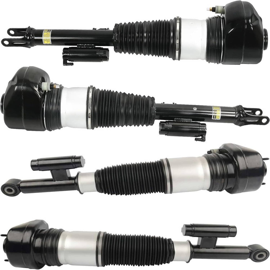 Air suspension struts with bellows, black end caps, and chrome piston rod tips