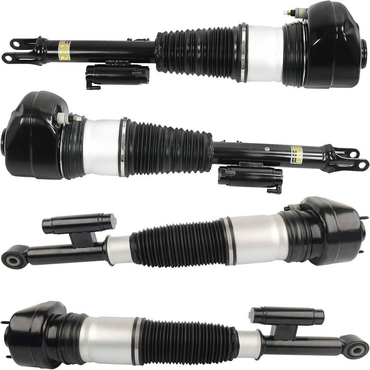 Air suspension struts with bellows, black end caps, and chrome piston rod tips