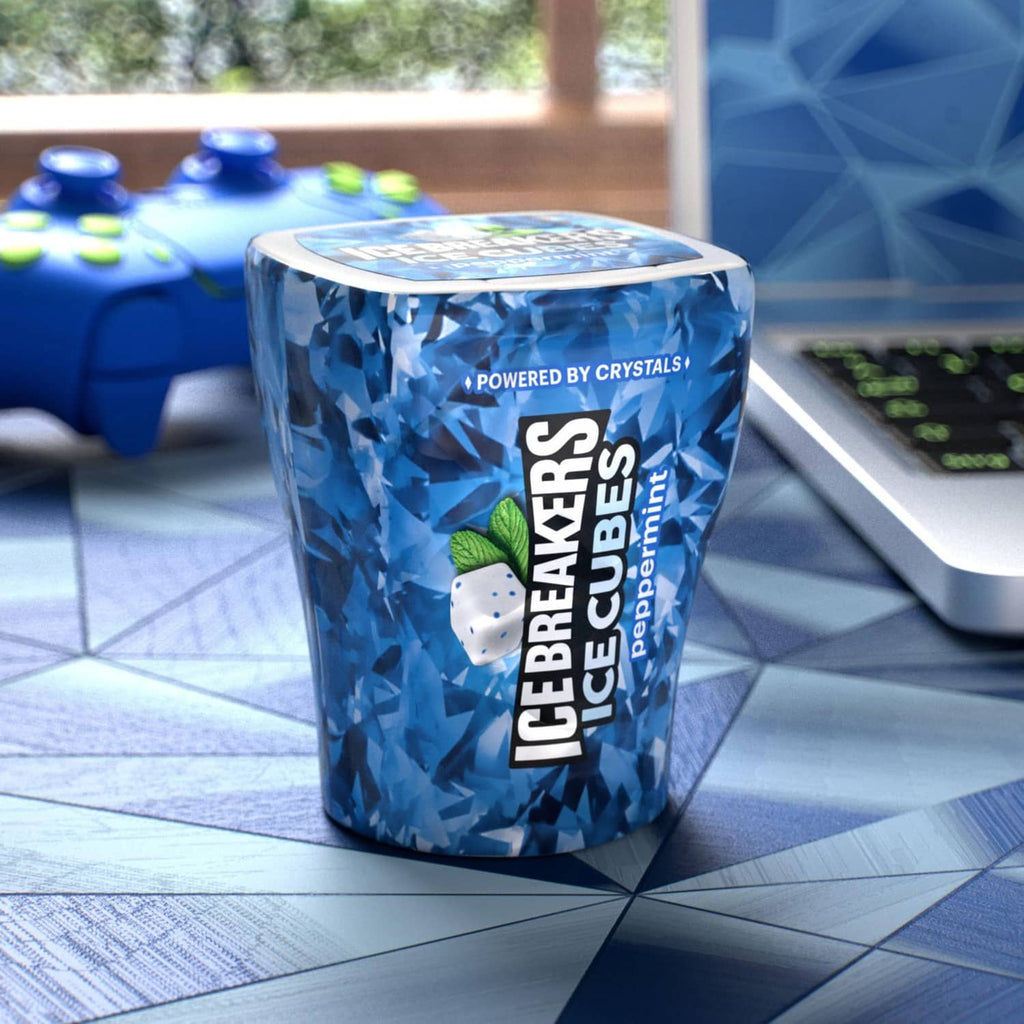 Peppermint sugar-free gum bottle with blue ice cube graphics and peppermint leaf