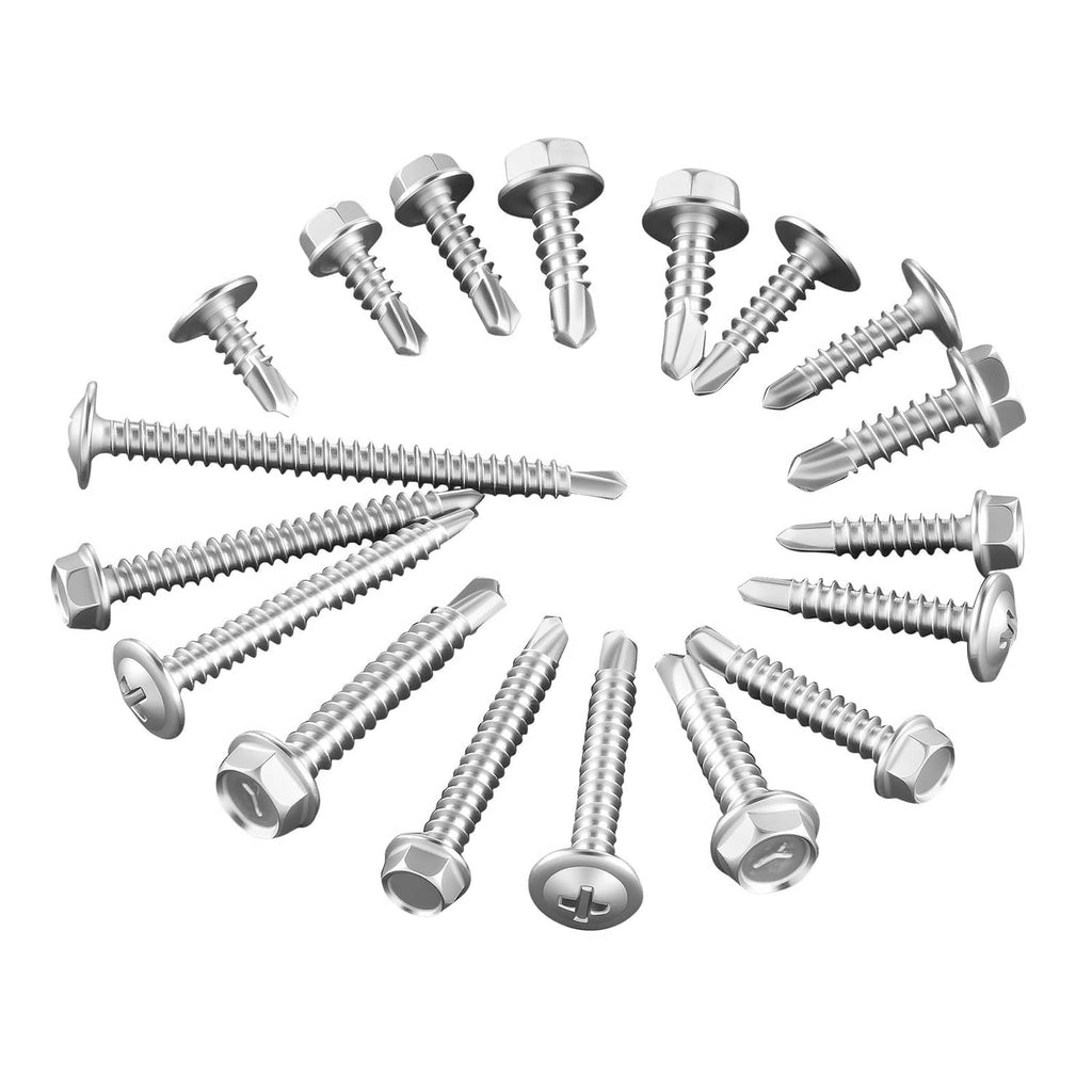 Assorted self-drilling screws with hex washer heads and drill points, mixed lengths