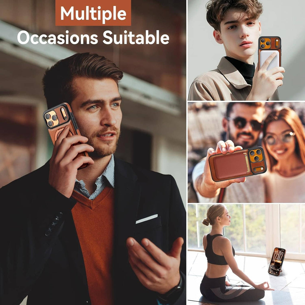 Brown iPhone 17 Pro case with ring stand shown in multiple daily-use settings