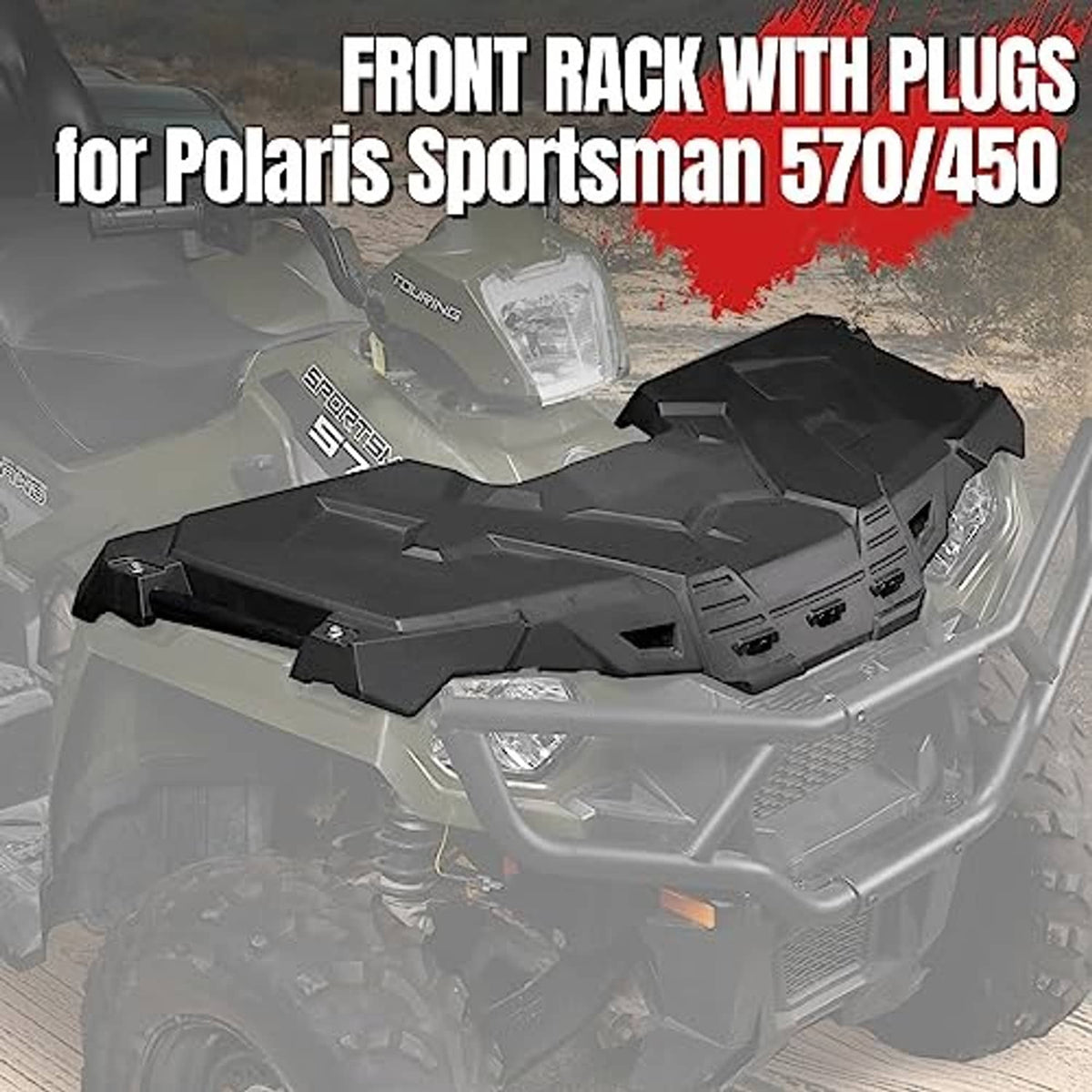 Front cargo rack installed on ATV, black platform over silver body