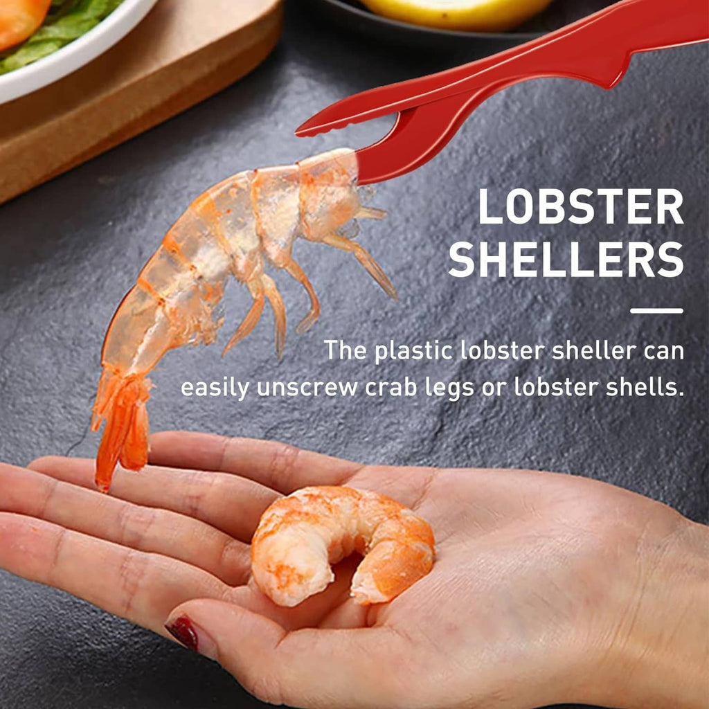 Red lobster sheller with stainless tool for unscrewing crab legs or lobster shells