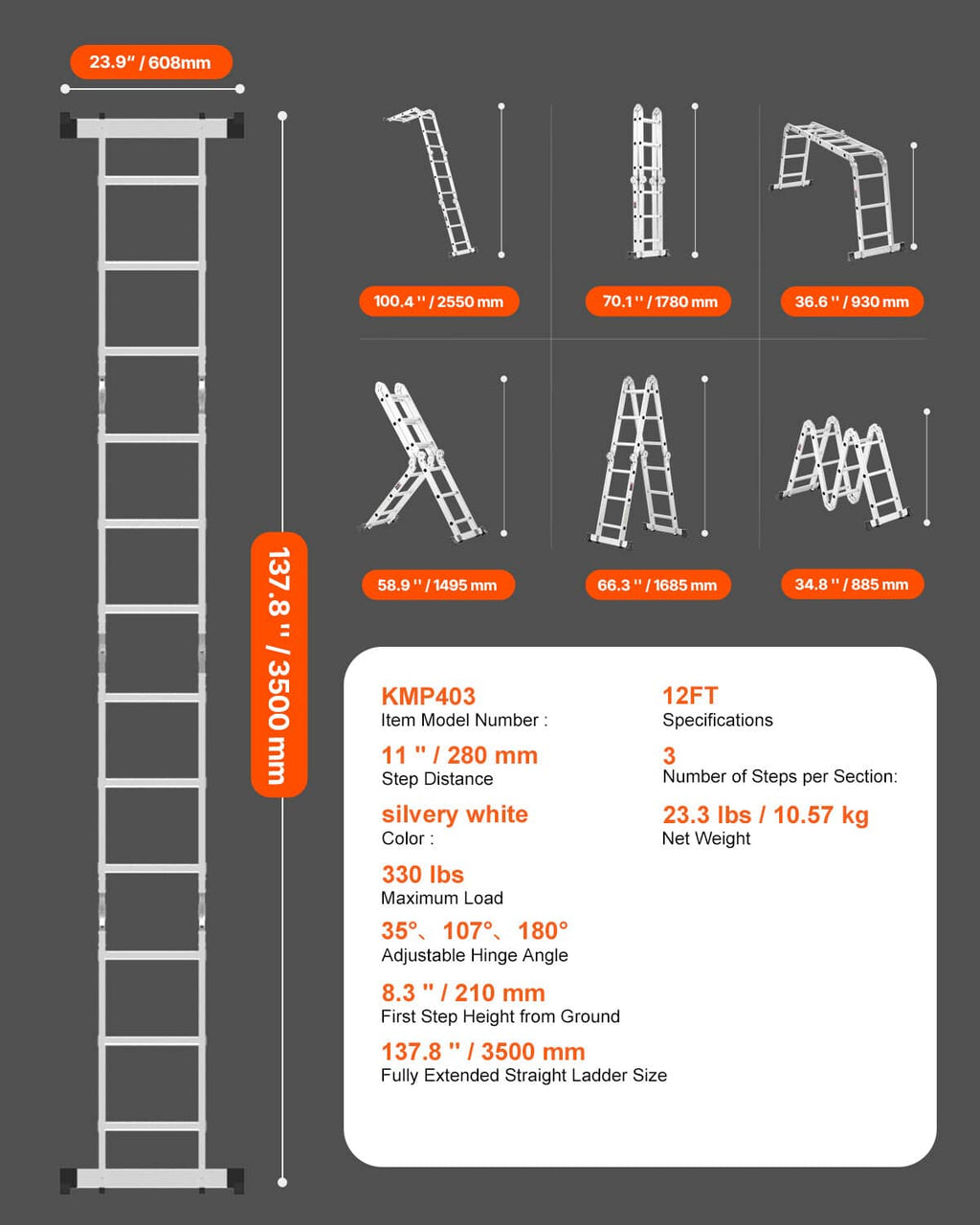 Seven-in-one folding ladder diagram showing multiple stances and dimensions
