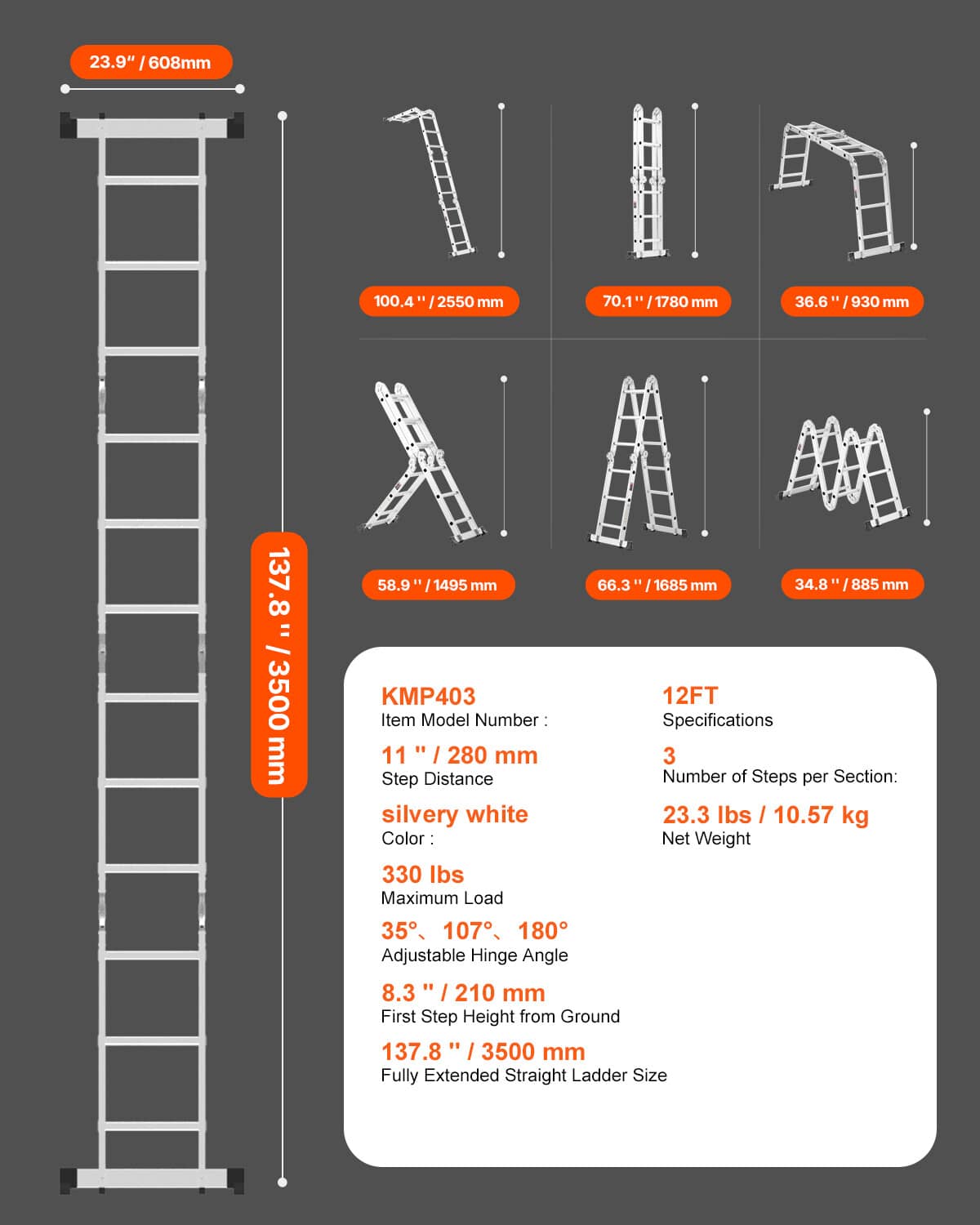 Seven-in-one folding ladder diagram showing multiple stances and dimensions