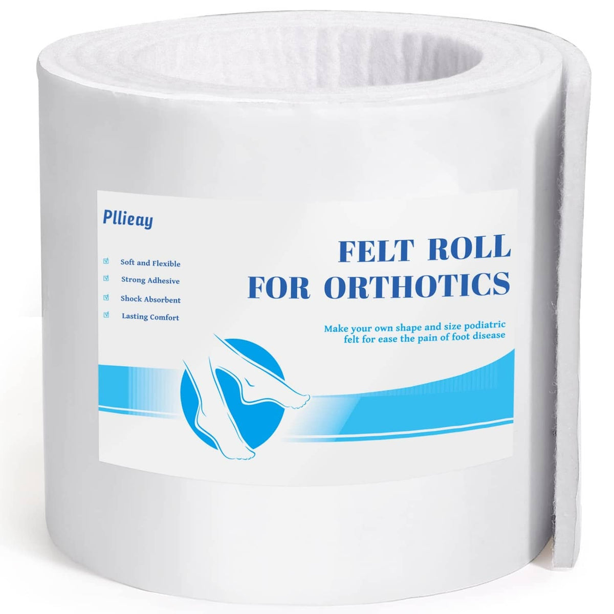 White adhesive orthopedic felt roll for orthotics, tightly wound on a plastic core.