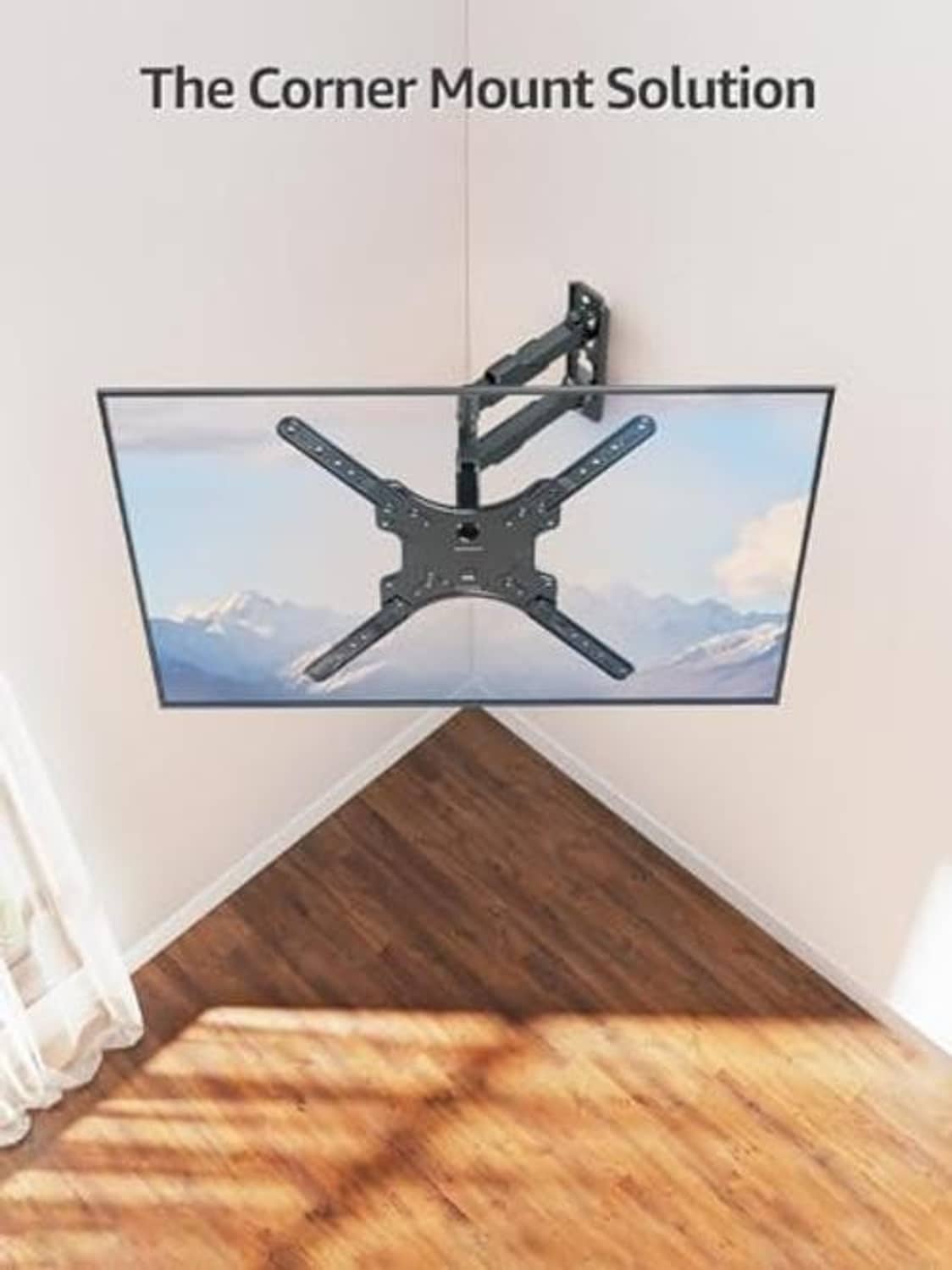 Black corner TV wall mount bracket with pivoting arms for corner installation