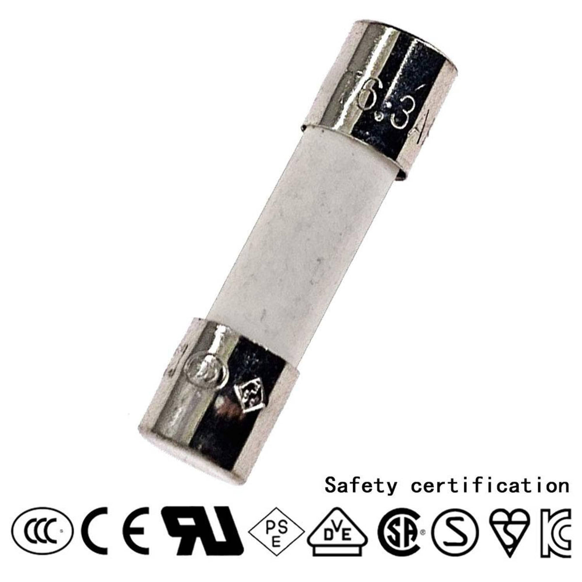 Ceramic fuse 5x20mm with metal end caps, blue marking 6.3.