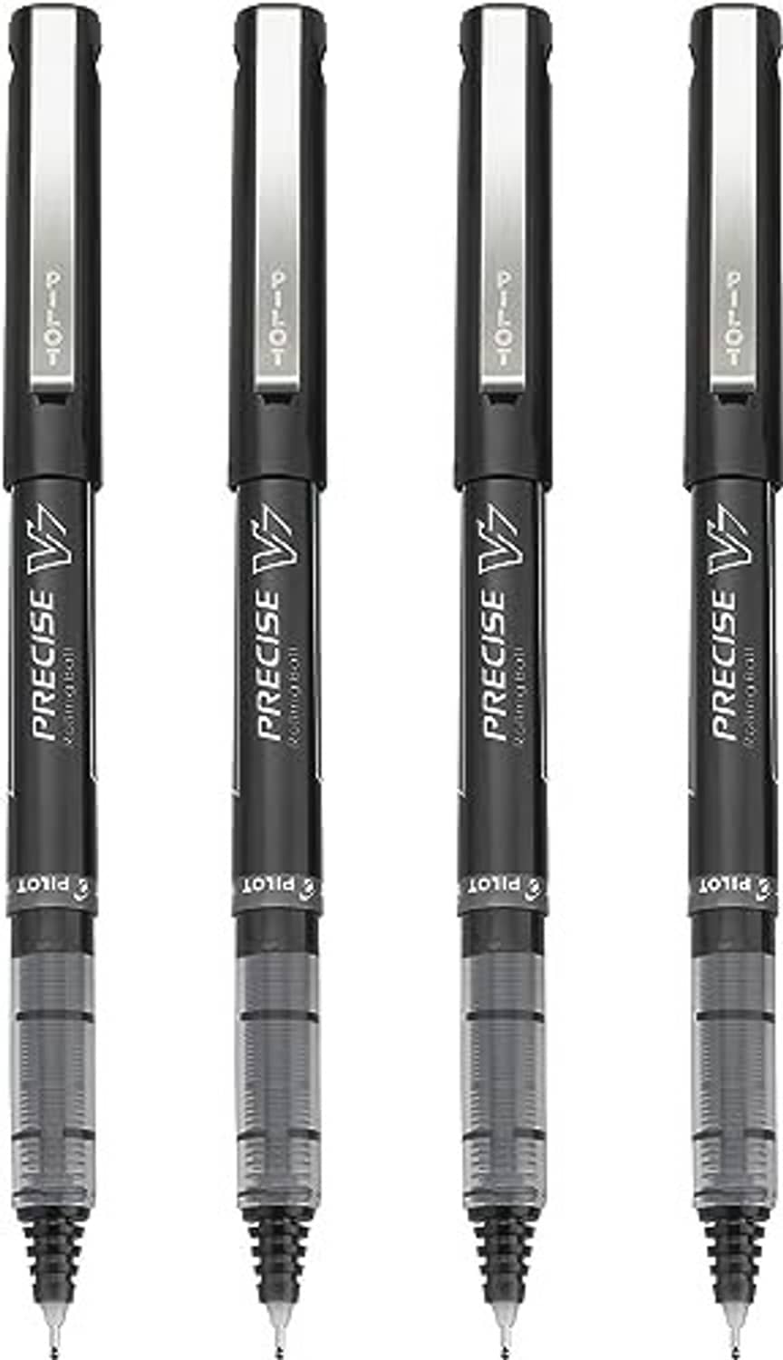 Four capped Precision V7 fine rolling ball pens with silver nibs