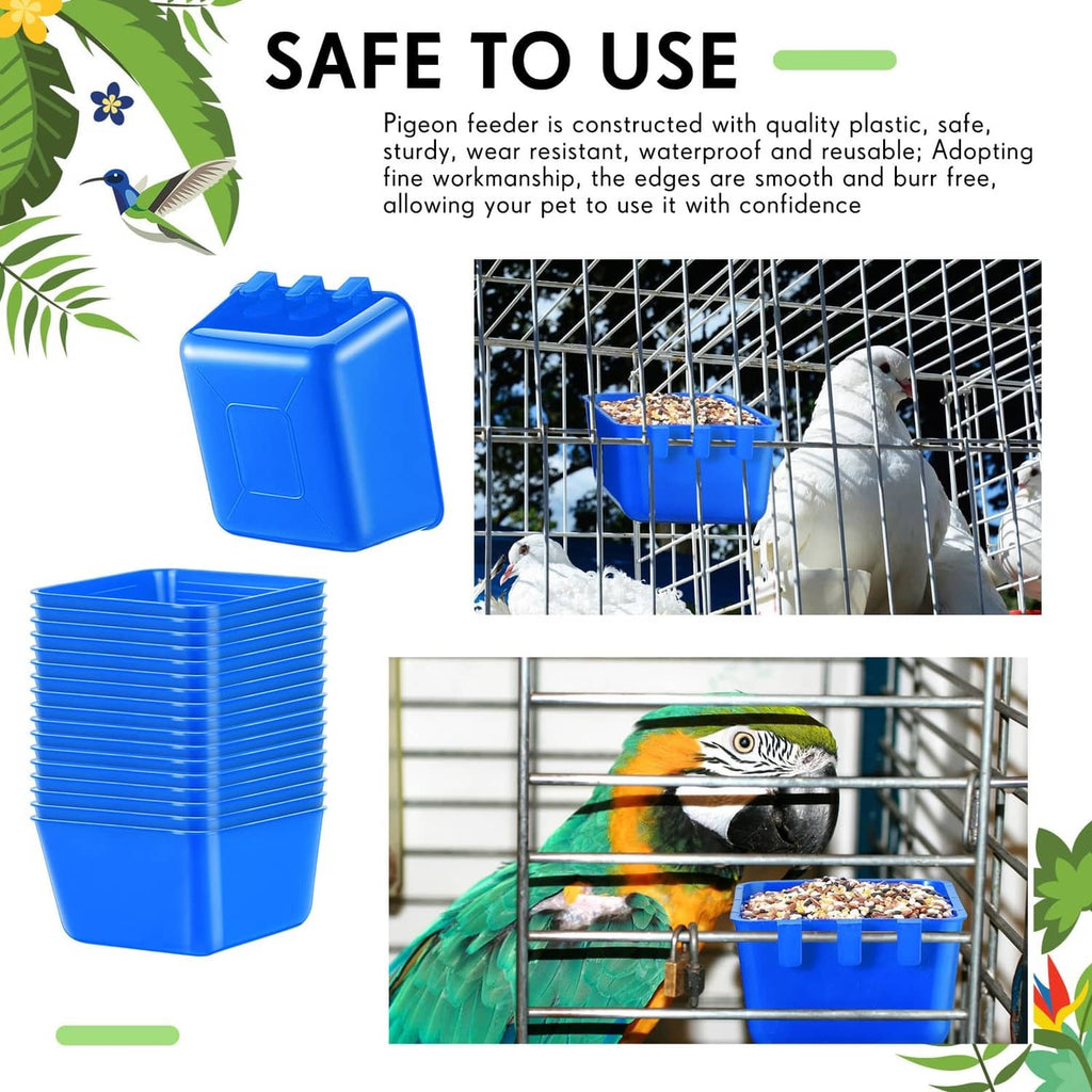Stack of blue plastic water feeder cups with cube-shaped feeder container