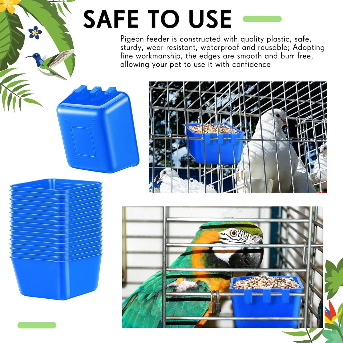 Stack of blue plastic water feeder cups with cube-shaped feeder container