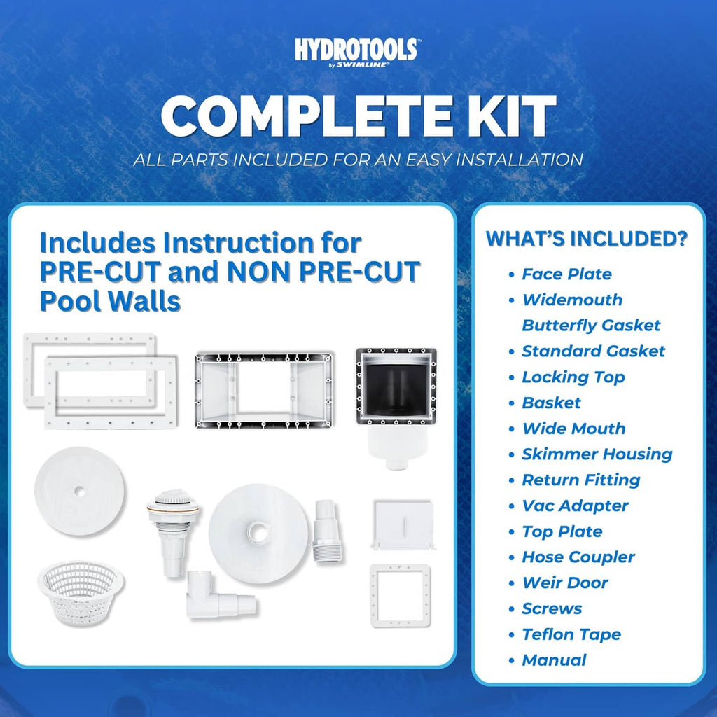 Complete skimmer kit parts set for installation with face plate and basket