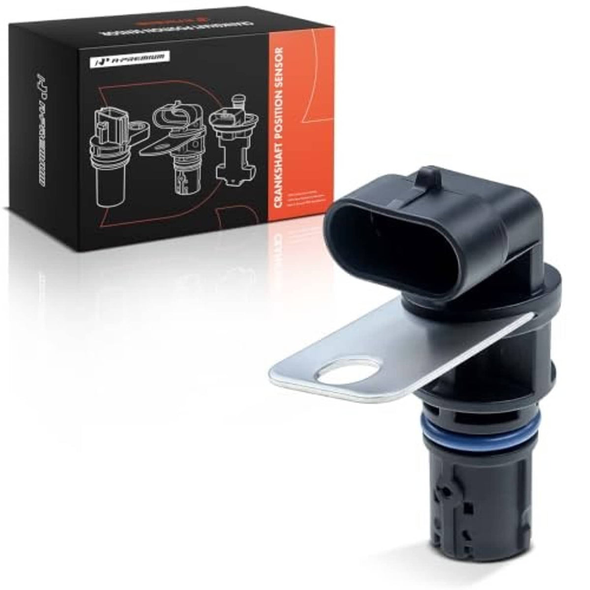 Crankshaft position sensor with gray mounting strap and black electrical plug