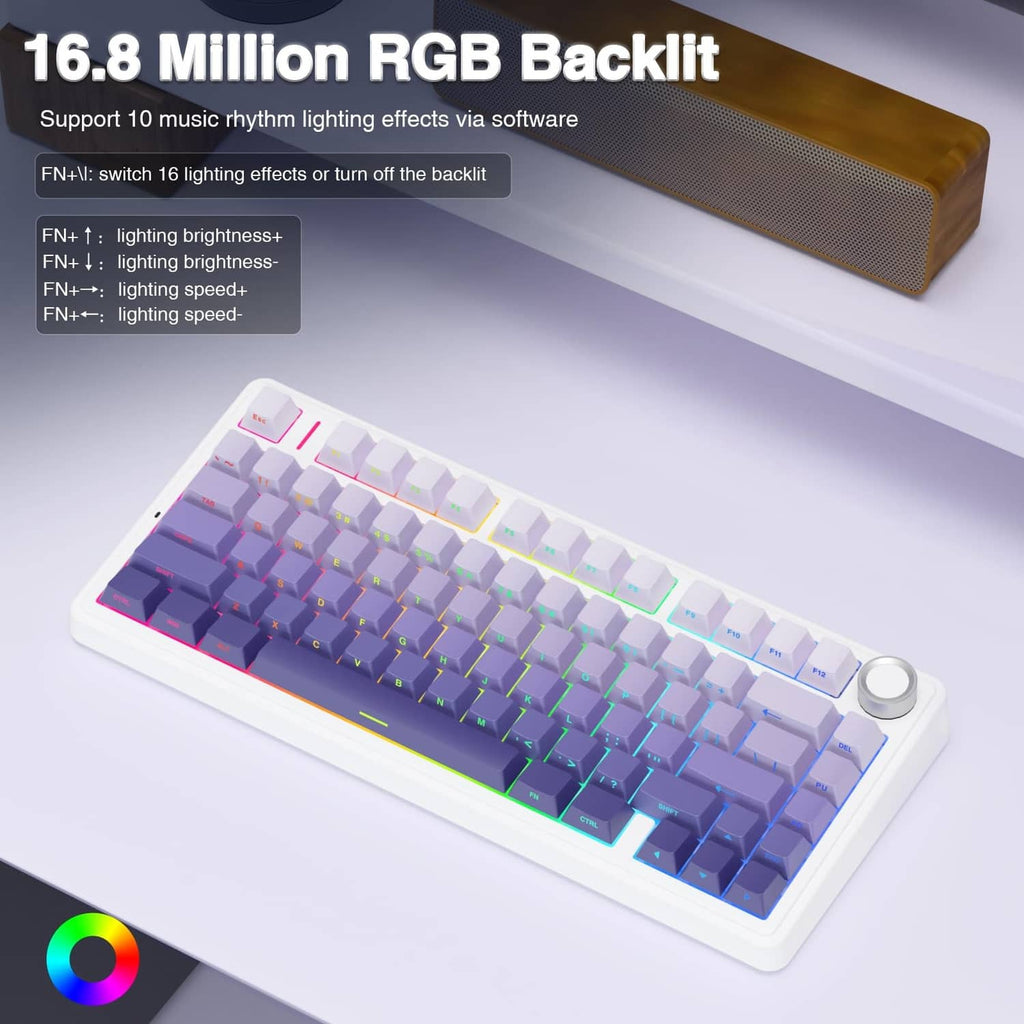 Mechanical keyboard with RGB backlight, white case, and volume knob on top right