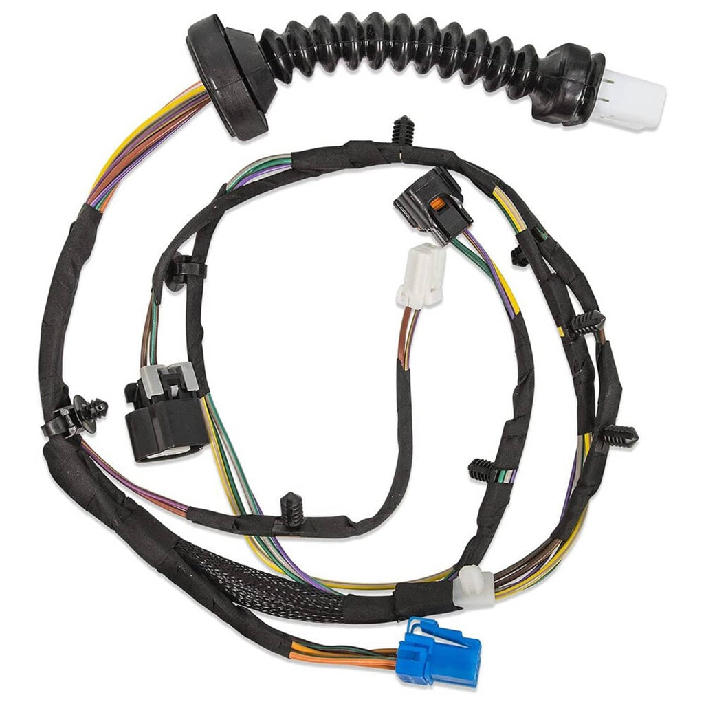 Rear door wiring harness with black cable, multi-pin connectors, and coiled loom