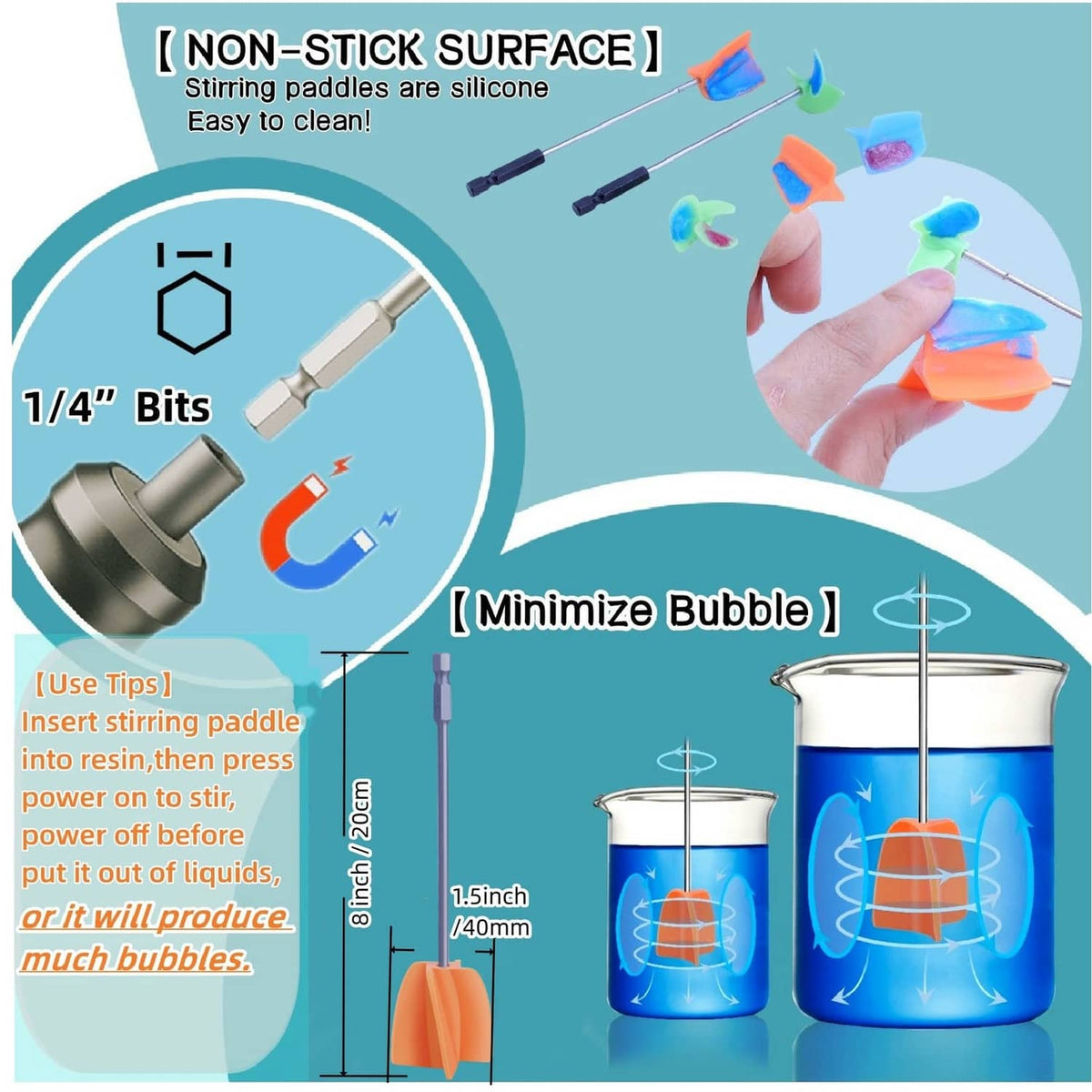 Silicone stirring paddle with drill-compatible bit and orange silicone mixing blade