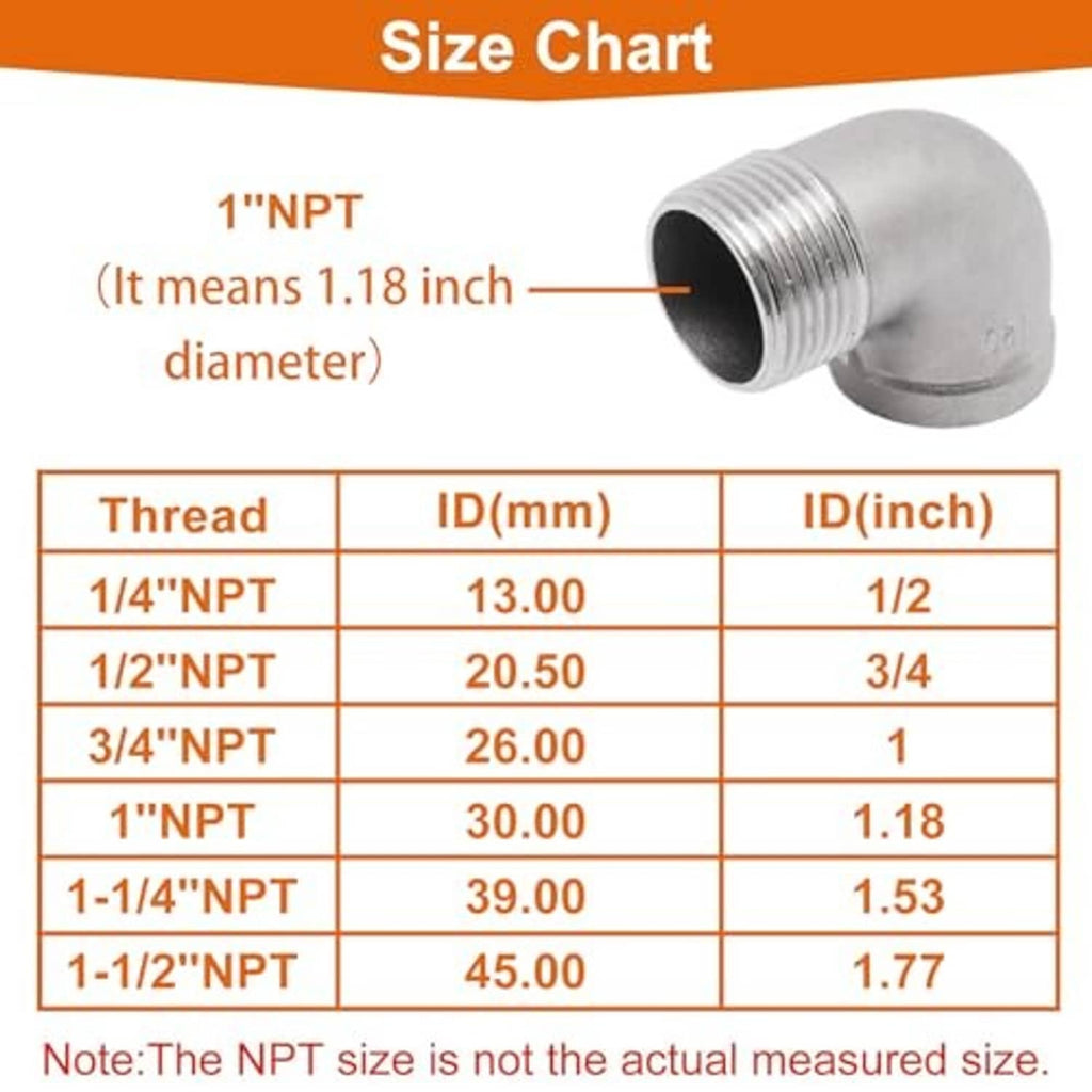 Stainless steel 90-degree elbow fitting with 1" NPT threads and size chart