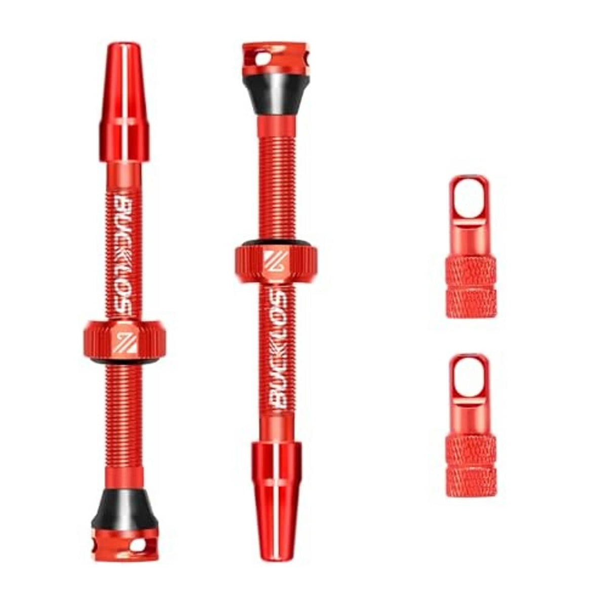 Red Presta valve stem kit with caps, 55mm stem and two spare caps